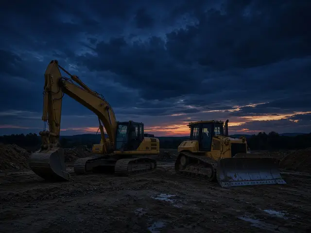 Excavadora y bulldozer en obra